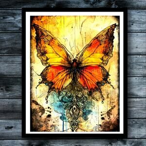 Bright Gothic Butterfly Vivid Nature Wall Decor Art Print Orange Yellow Teal